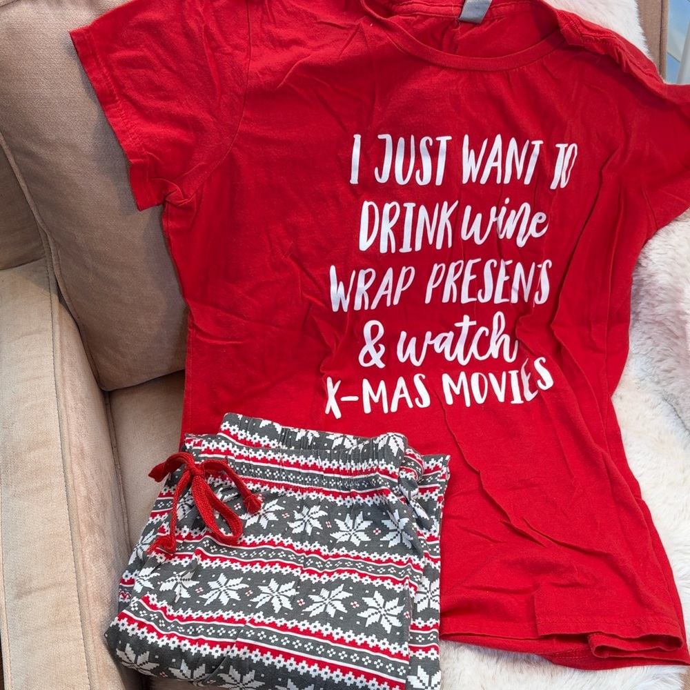 NWOT Red Holiday Pajama Set with Festive Print Tee